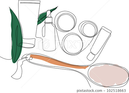 Continuous drawing of one line of scrubbing and body skin care with natural herbal skin care products, top view of ingredients. Vector illustration Continuous drawing of one line of scrubbing and body skin care with natural herbal skin care products, top view of ingredients. Vector illustration 102518663