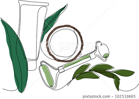 Continuous drawing of one line of scrubbing and body skin care with natural herbal skin care products, top view of ingredients. Vector illustration 102518665