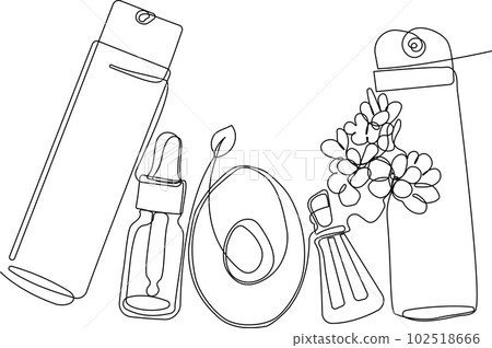 Continuous drawing of one line of scrubbing and body skin care with natural herbal skin care products, top view of ingredients. Vector illustration 102518666