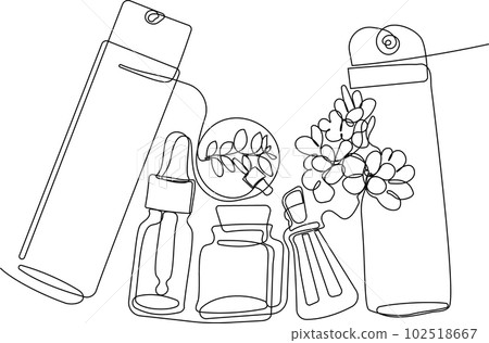 Continuous drawing of one line of scrubbing and body skin care with natural herbal skin care products, top view of ingredients. Vector illustration Continuous drawing of one line of scrubbing and body skin care with natural herbal skin care products, top view of ingredients. Vector illustration 102518667