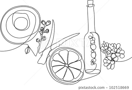 Continuous drawing of one line of scrubbing and body skin care with natural herbal skin care products, top view of ingredients. Vector illustration Continuous drawing of one line of scrubbing and body skin care with natural herbal skin care products, top view of ingredients. Vector illustration 102518669