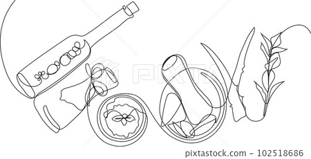 Continuous drawing of one line of scrubbing and body skin care with natural herbal skin care products, top view of ingredients. Vector illustration Continuous drawing of one line of scrubbing and body skin care with natural herbal skin care products, top view of ingredients. Vector illustration 102518686
