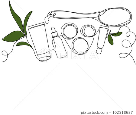 Continuous drawing of one line of scrubbing and body skin care with natural herbal skin care products, top view of ingredients. Vector illustration Continuous drawing of one line of scrubbing and body skin care with natural herbal skin care products, top view of ingredients. Vector illustration 102518687