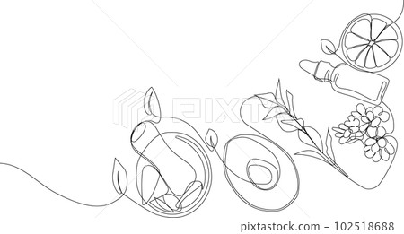 Continuous drawing of one line of scrubbing and body skin care with natural herbal skin care products, top view of ingredients. Vector illustration Continuous drawing of one line of scrubbing and body skin care with natural herbal skin care products, top view of ingredients. Vector illustration 102518688