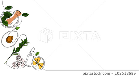 Continuous drawing of one line of scrubbing and body skin care with natural herbal skin care products, top view of ingredients. Vector illustration Continuous drawing of one line of scrubbing and body skin care with natural herbal skin care products, top view of ingredients. Vector illustration 102518689