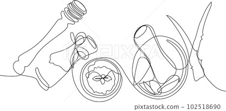 Continuous drawing of one line of scrubbing and body skin care with natural herbal skin care products, top view of ingredients. Vector illustration 102518690