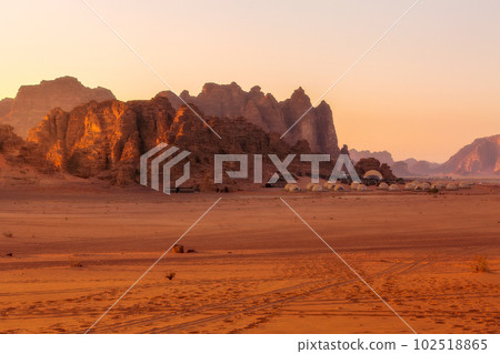 Wadi Rum desert landscape and camp tents, Jordan Wadi Rum desert landscape and camp tents, Jordan 102518865