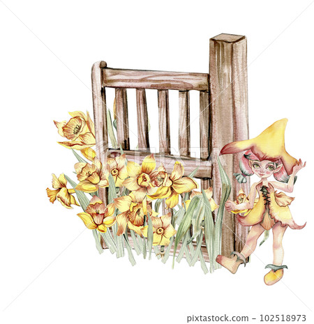 Watercolor farm composition with fence and flowers. Composition in cartoon style. Hand drawn illustration of summer. Perfect for scrapbooking, kids design, wedding invitation,posters, greetings cards. 102518973