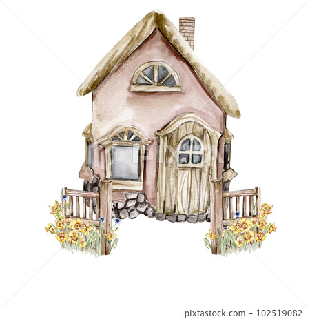 Watercolor farm composition with flowers. House in cartoon style. Hand drawn illustration of summer.Perfect for scrapbooking, kids design, wedding invitation,posters, greetings cards,party decoration. 102519082