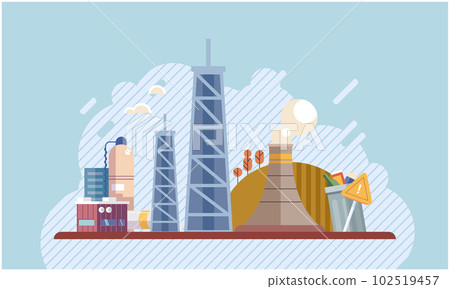 Air, water and soil pollution by industrial production. Factory emitting smoke through chimneys 102519457