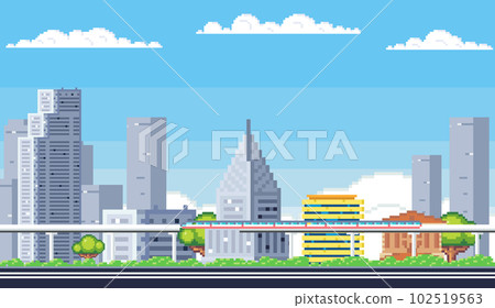 City buildings. Downtown pixelated cityscape. Scenery skyline. Suburban pixel town silhouette 102519563