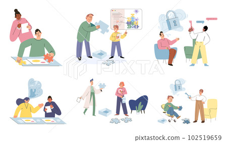 Psychologist and patient with tangled and untangled mind metaphor, doctor solving psychological problems Psychologist and patient with tangled and untangled mind metaphor, doctor solving psychological problems 102519659
