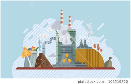 Air, water and soil pollution by industrial production. Factory emitting smoke through chimneys Air, water and soil pollution by industrial production. Factory emitting smoke through chimneys 102519730