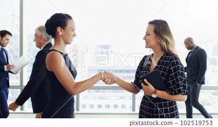 This is the duo that everyone is waiting for. two businesspeople shaking hands while colleagues are blurred in the background. This is the duo that everyone is waiting for. two businesspeople shaking hands while colleagues are blurred in the background. 102519753