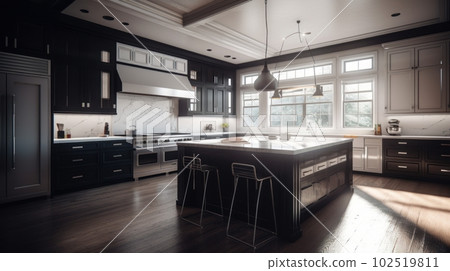 Large modern kitchen in marble and dark wood with island dining tables. 102519811