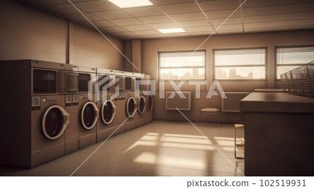 Large modern laundry room with plenty of washing machines, dryers. 102519931