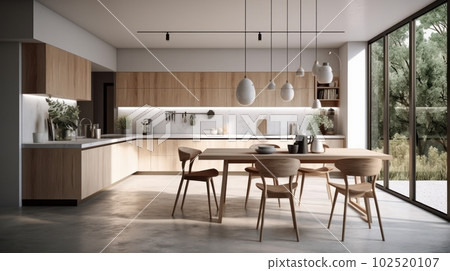 Large bright living room with a kitchen, marble elements, a large number of chairs, large windows, a view of the garden from the windows. 102520107