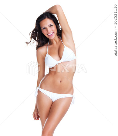 Bikini, happy and portrait of a beautiful woman isolated on a white background in a studio. Smile, sexy and a young swimwear model with confidence, happiness and pride in a swimsuit for summer Bikini, happy and portrait of a beautiful woman isolated on a white background in a studio. Smile, sexy and a young swimwear model with confidence, happiness and pride in a swimsuit for summer 102521110