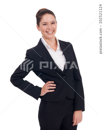 Business, portrait and happy woman in studio confident, young and empowered on white background. Face, smile and female manager person posing with positivity, proud and professional while isolated 102521124