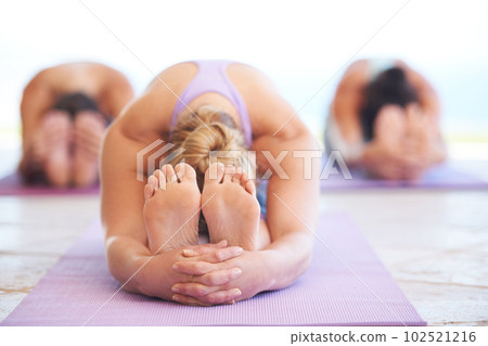 Women, feet and yoga class with wellness instructor doing leg stretch and training in gym. Exercise, pilates and workout of a female coach with group doing sport and stretching for health and posture 102521216