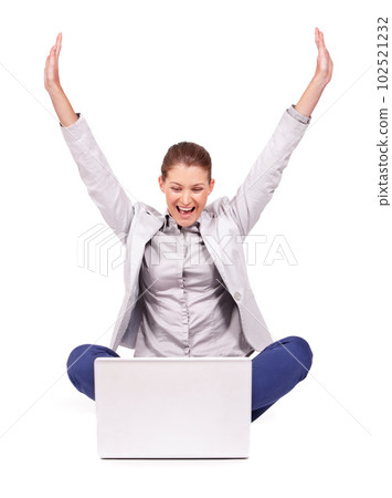 Celebration, winning and businesswoman in a studio with laptop for online sports bet success. Happy, celebrate and professional female person with a smile and computer isolated by a white background. Celebration, winning and businesswoman in a studio with laptop for online sports bet success. Happy, celebrate and professional female person with a smile and computer isolated by a white background. 102521232