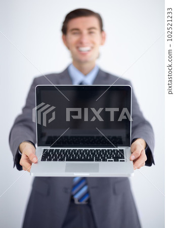 Laptop screen, mockup and business man in studio for website, email and administration. Happy, smile and technology with male employee in white background for corporate, internet and networking Laptop screen, mockup and business man in studio for website, email and administration. Happy, smile and technology with male employee in white background for corporate, internet and networking 102521233