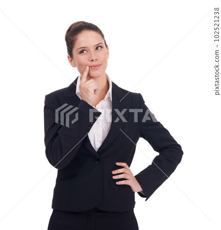 Thinking, business and woman with ideas, opportunity and employee isolated against white studio background. Female person, entrepreneur and consultant with choices, promotion and thoughts with career Thinking, business and woman with ideas, opportunity and employee isolated against white studio background. Female person, entrepreneur and consultant with choices, promotion and thoughts with career 102521238