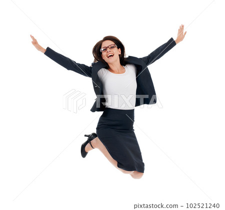 Business woman, jump celebration and studio portrait with freedom, happiness and achievement by white background. Isolated businesswoman, flying and winning with bonus, goals or profit by backdrop Business woman, jump celebration and studio portrait with freedom, happiness and achievement by white background. Isolated businesswoman, flying and winning with bonus, goals or profit by backdrop 102521240