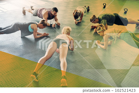 Plank, fitness people and gym group together for exercise, workout and training in class. Athlete men and women from above for power challenge, commitment or strong muscle at a club with overlay Plank, fitness people and gym group together for exercise, workout and training in class. Athlete men and women from above for power challenge, commitment or strong muscle at a club with overlay 102521423