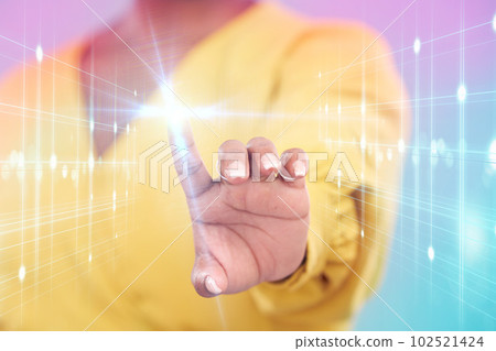 Touch, digital lights and woman hand isolated on a neon background in holographic, metaverse and futuristic technology. Finger, screen and person hologram, networking overlay or software in studio Touch, digital lights and woman hand isolated on a neon background in holographic, metaverse and futuristic technology. Finger, screen and person hologram, networking overlay or software in studio 102521424