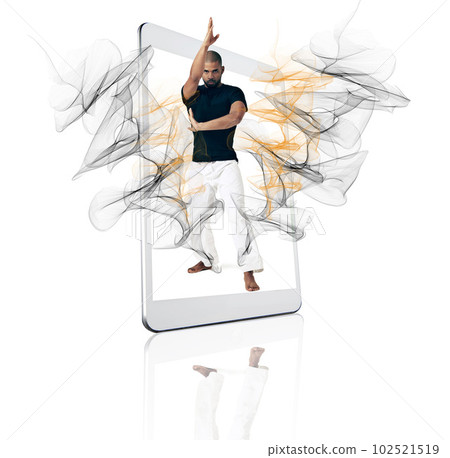 Karate, portrait and training website, online app or class on tablet, technology or smartphone and martial arts, man or social media. Screen, sports or internet service or mobile, student or learning Karate, portrait and training website, online app or class on tablet, technology or smartphone and martial arts, man or social media. Screen, sports or internet service or mobile, student or learning 102521519
