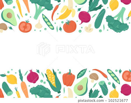 Fruits and vegetables, set of healthy vegetarian or vegan food. Hand drawn vector illustration with copy space 102521677