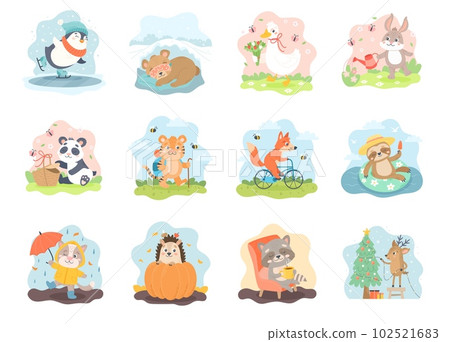 Cute animals in different seasonal scenes. Set for calendar or cards, cute animals, hand drawn vector illustrations collection 102521683