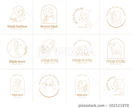 Set of Hijab store logos. Linear female portraits with closed eyes. Vector illustration in one line style. Arabian woman wear store Set of Hijab store logos. Linear female portraits with closed eyes. Vector illustration in one line style. Arabian woman wear store 102521978