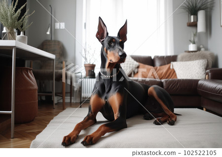 Loyal and furry four-legged friend resting on a comfortable couch, taking a break from daily activities to enjoy some cozy indoor leisure time. is AI Generative. Loyal and furry four-legged friend resting on a comfortable couch, taking a break from daily activities to enjoy some cozy indoor leisure time. is AI Generative. 102522105