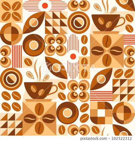 Coffee theme seamless pattern in simple geometric style with abstact shapes. Light roast level coffee. Good for branding, decoration of food package, cover design, decorative print, background 102522312