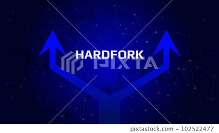 Cryptocurrency hardfork concept with double arrow on dark blue background. Splitting the coin into two parts. Vector illustration. 102522477