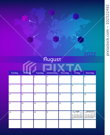 Us letter paper size vector futuristic monthly planner calendar August 2022 week starts on Sunday. Vertical technology organizer, habit tracker with world map and cubes. Colorful modern illustration. 102522492