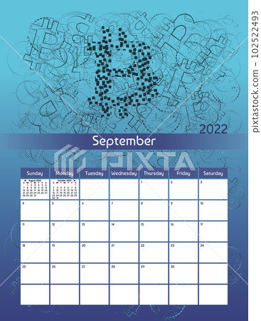 Us letter paper size vector futuristic monthly planner calendar September 2022 week starts on Sunday. Vertical technology organizer, habit tracker with Bitcoin cryptocurrency theme. 102522493