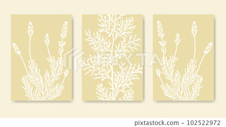 Monochrome aesthetic blooming branches illustration poster set. Botanical neutral art 102522972