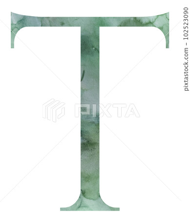Watercolor teal green letter T isolated illustration, wedding and greeting design element 102523090