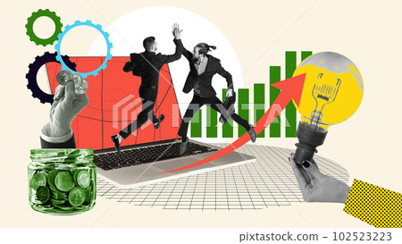 Ambitious men, employees giving high five, celebration financial success. Innovations and trade market. Contemporary art collage. Ambitious men, employees giving high five, celebration financial success. Innovations and trade market. Contemporary art collage. 102523223