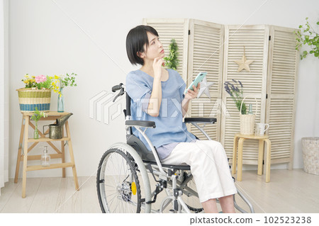 A woman in a wheelchair thinking while using a smartphone in the living room 102523238