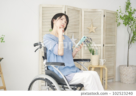 A woman in a wheelchair thinking while using a smartphone in the living room A woman in a wheelchair thinking while using a smartphone in the living room 102523240