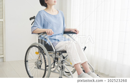 A woman in a wheelchair in the living room faceless 102523268