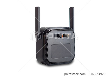 Back view of wireless wi-fi signal range extender on white background. Back view of wireless wi-fi signal range extender on white background. 102523920