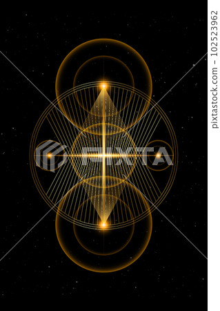 Planetary sacred geometry, gold lines overlap, triangles shape on circles. Orbits of energy circle. Alchemy, magic, esoteric, occultism symbols. Golden divine cross, vector isolated, black background 102523962