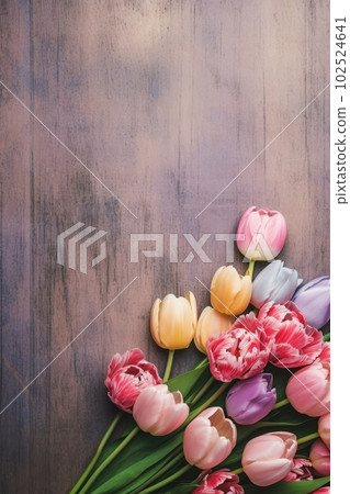 Colorful tulips on rustic wooden background. Pink, red, yellow flowers. Floral Greeting card for Spring Holidays with copy space for text. Generative AI. 102524641