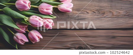 Pastel pink tulip flowers on rustic wooden background. Floral Greeting card for Spring Holidays or banner with copy space for text. Generative AI. 102524642