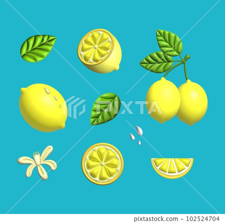 Illustration of fresh lemons, green leaves and slices on a blue background 102524704
